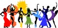 Various style dancing. Group of silhouettes of dancers of ballet, flamenco, oriental dance, hula, samba, waltz and contemporary Royalty Free Stock Photo